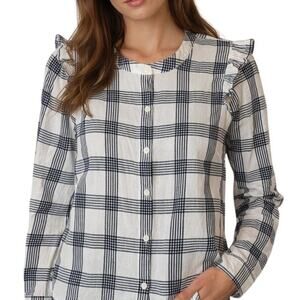 J.Crew Ruffle Button Up Top Navy Blue and White Plaid Small